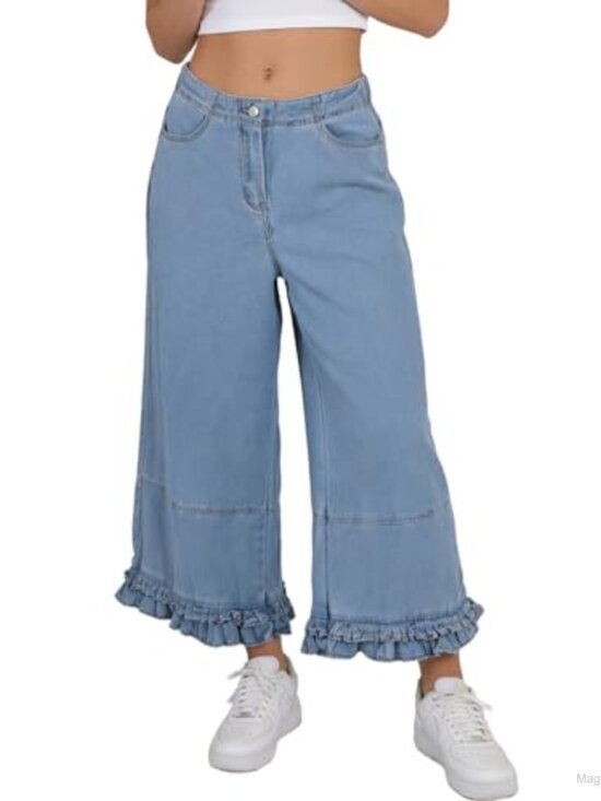 Denim - Mid Rise Wide Leg Ruffle Hem Cropped Jeans Pull-On Baggy Denim Pants